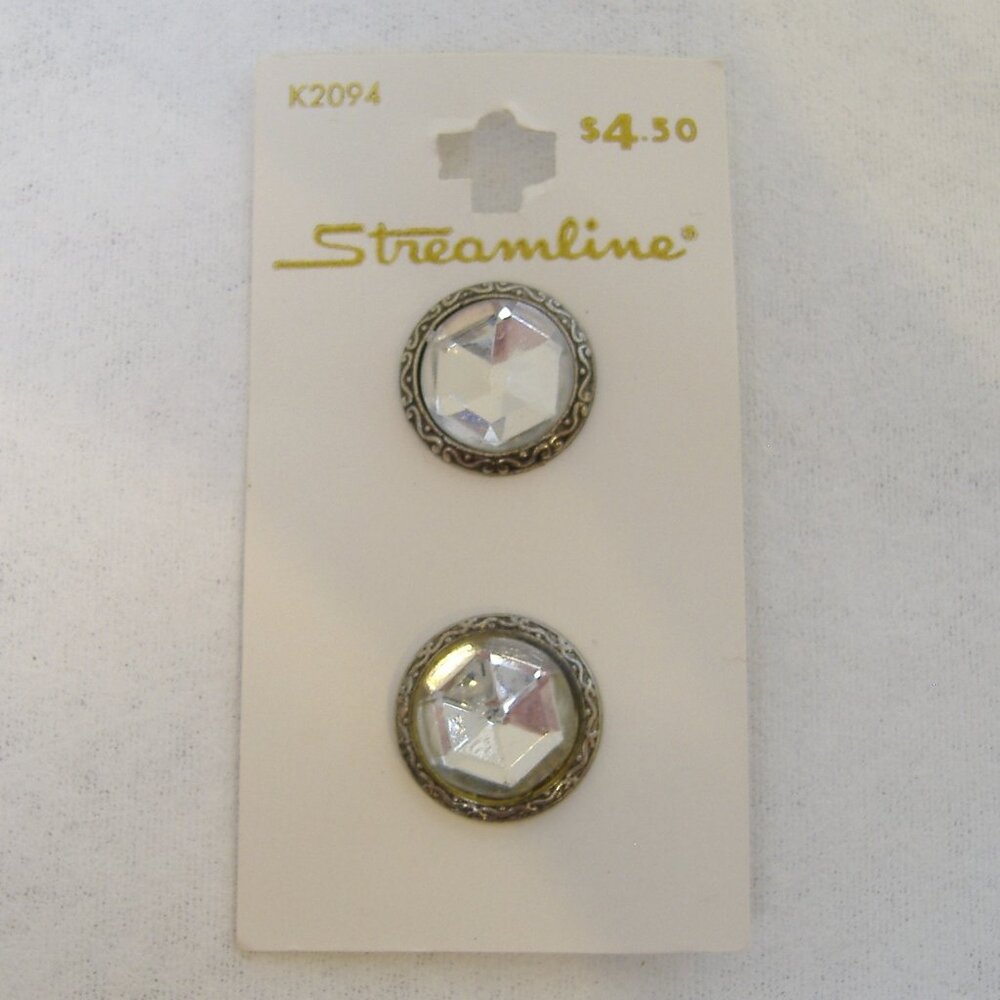Streamline Buttons Crystal Antique Silver Metal Card Set 2 Vintage 11/16" 18mm